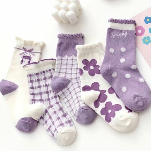 Girls purple patterned socks, 5 pair - Picture 1 of 6